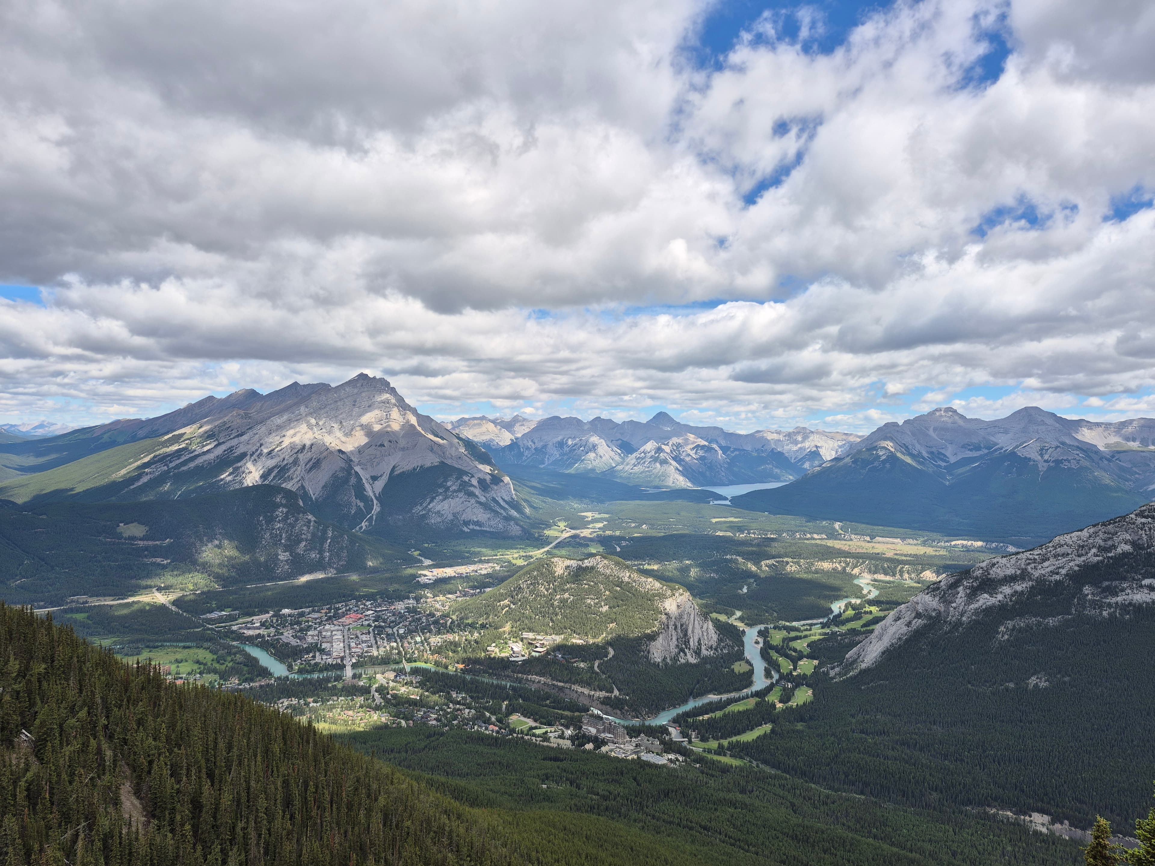 Sweeping view of the Banff townsite, Bow River and surrounding Rockies from Sulphur Mountain